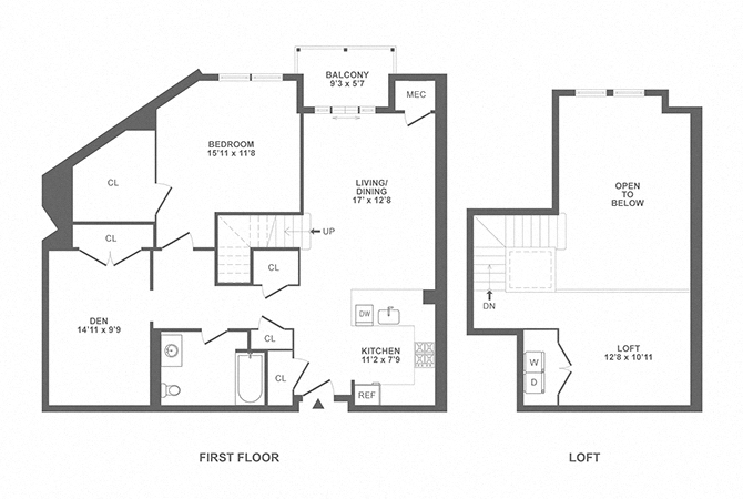 Floor plan for 1 bed, 1 bath, 1336 sqft